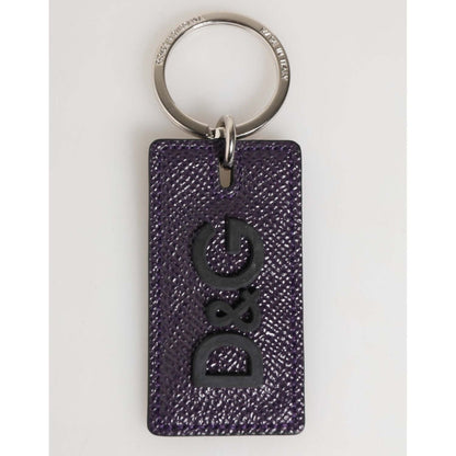 Dolce & Gabbana Violet Leather Logo Metal Ring Men Keychain Keyring with D&G embossing, luxury Italian craftsmanship, elegant design.