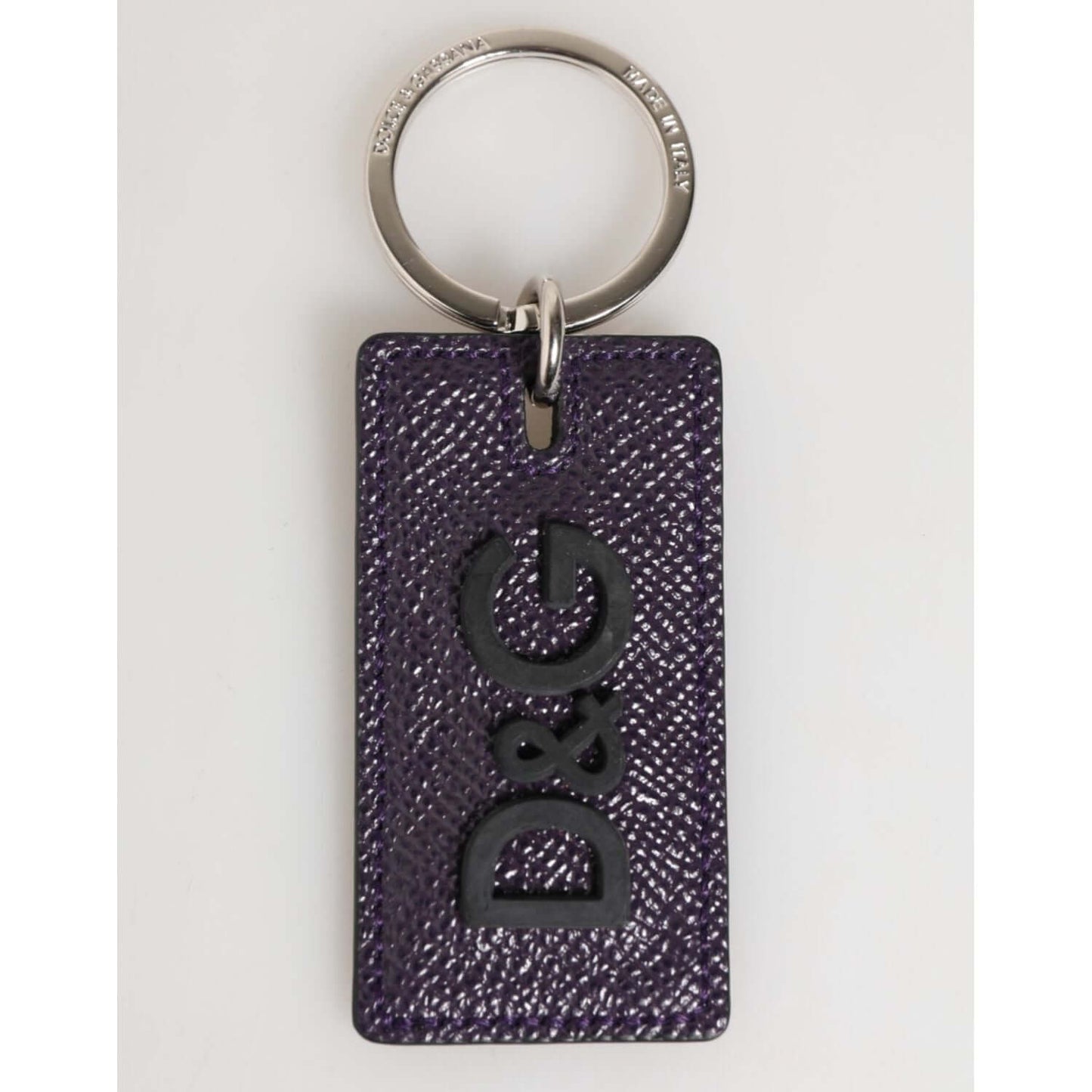 Dolce & Gabbana Violet Leather Logo Metal Ring Men Keychain Keyring with silver detailing and logo engraving.