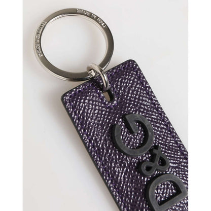 Dolce & Gabbana Violet Leather Logo Metal Ring Men Keychain Keyring with silver detailing and logo engraving, sleek design.