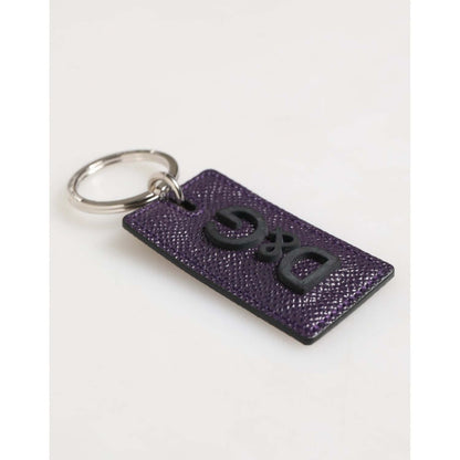 Dolce & Gabbana Violet Leather Logo Metal Ring Men Keychain Keyring with engraved silver ring and calf leather tag made in Italy.