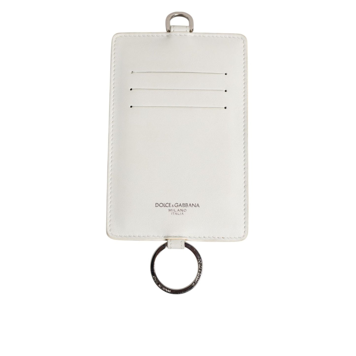 Dolce & Gabbana White Calf Leather Lanyard Logo Card Holder Men Wallet with zip closure and card slots.