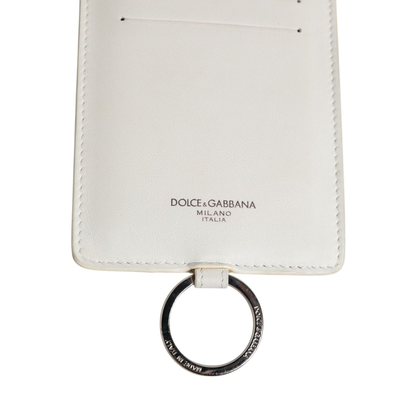 Dolce & Gabbana White Calf Leather Lanyard Logo Card Holder Men Wallet with ring fastening and logo detail in high-quality leather.