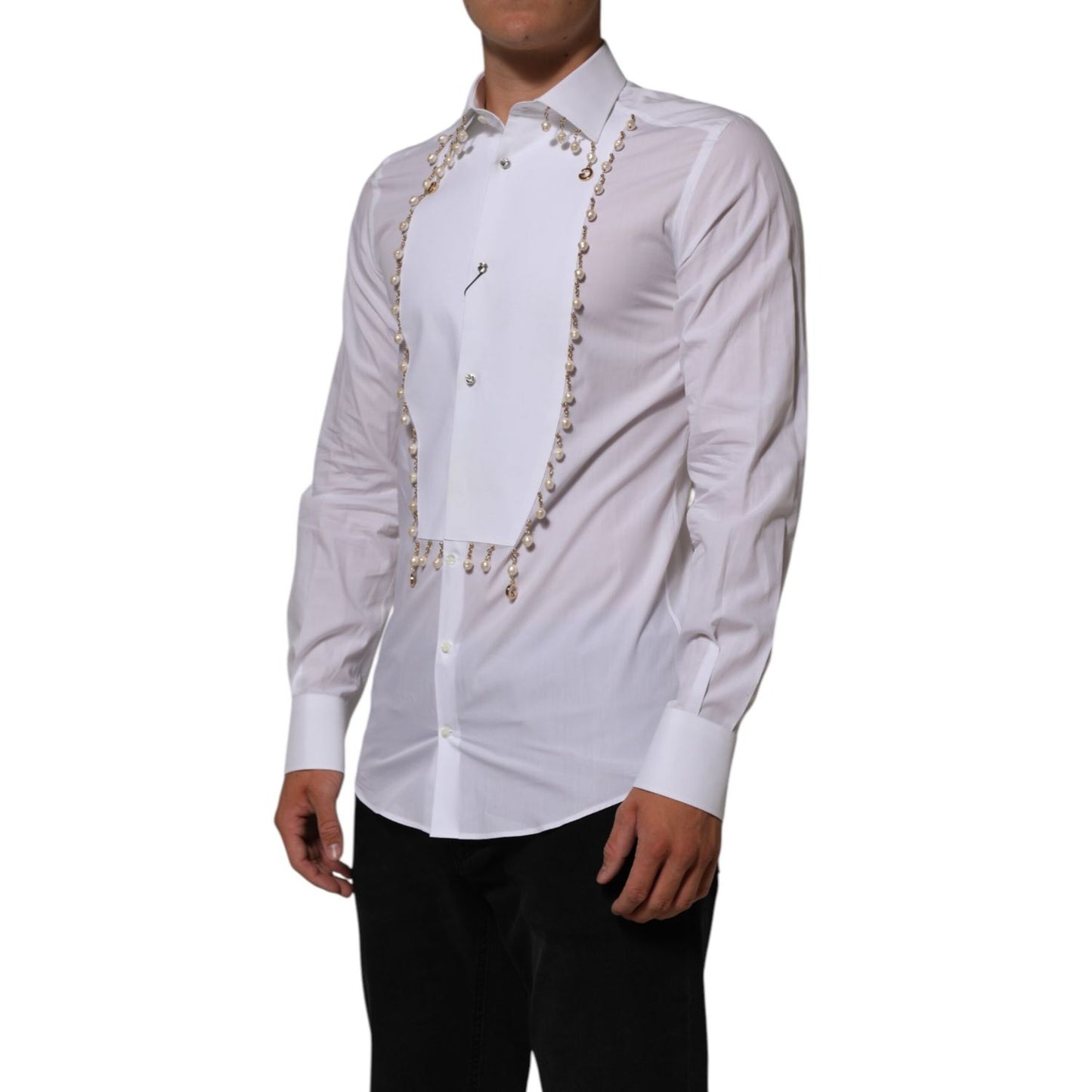 Dolce & Gabbana White Cotton DG Logo Pearl GOLD Formal Shirt