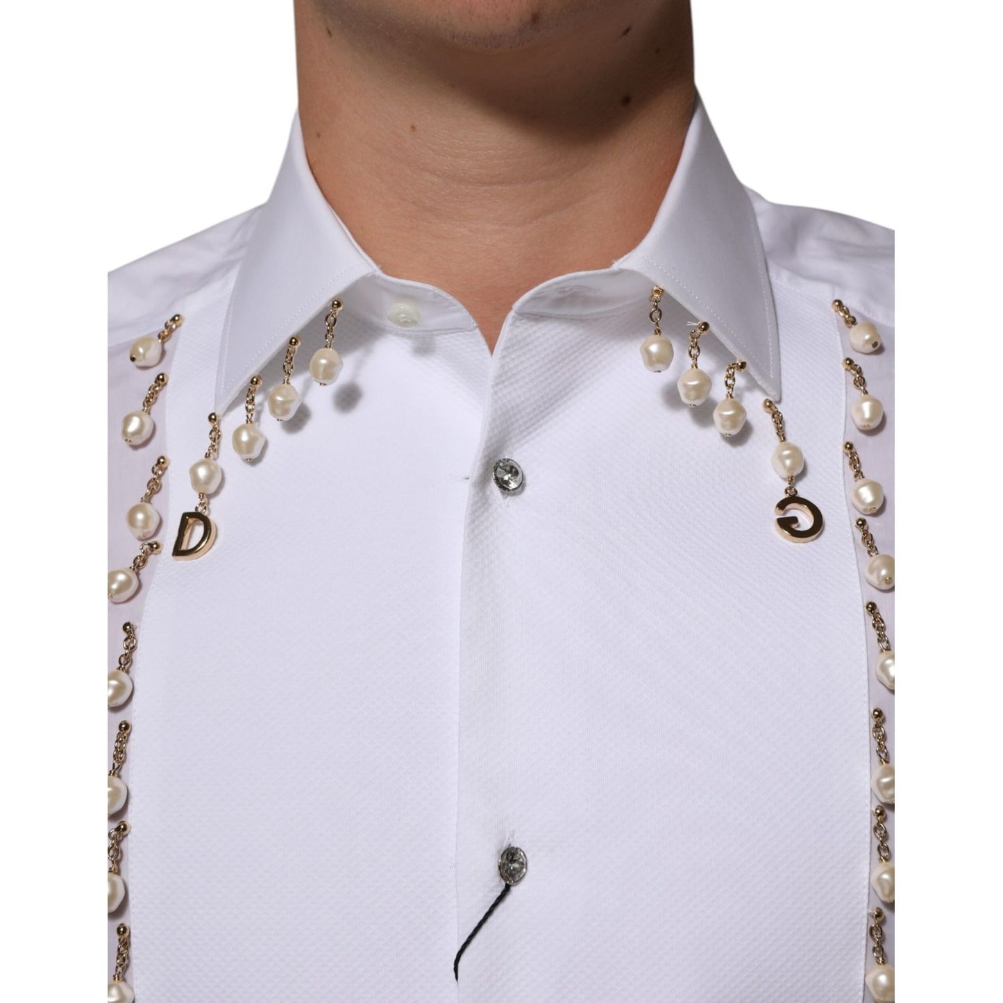 Dolce & Gabbana White Cotton DG Logo Pearl GOLD Formal Shirt