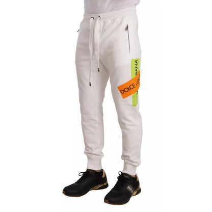 Dolce & Gabbana White Cotton Logo Patch Sweatpants Jogging Pants with zipper pockets and drawstring closure