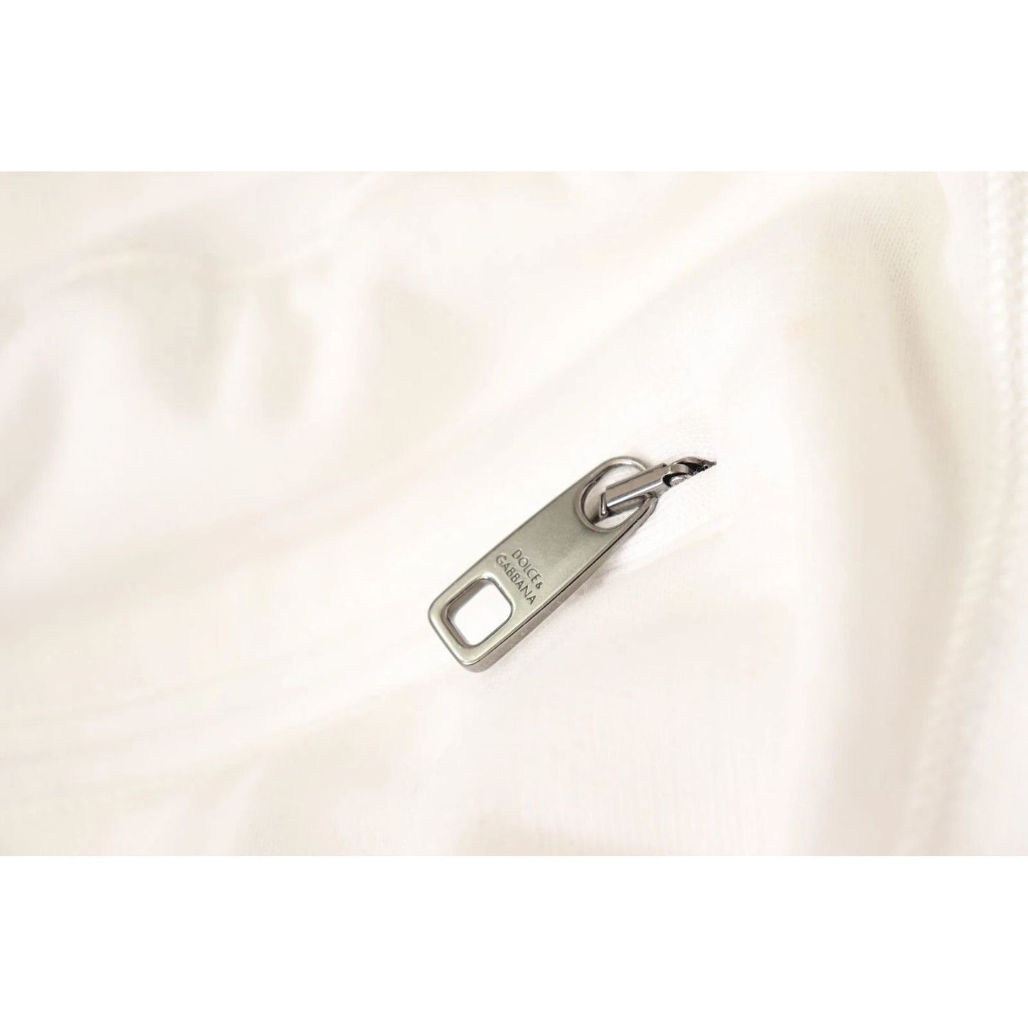 Close-up of zipper detail on Dolce & Gabbana White Cotton Logo Patch Sweatpants Jogging Pants