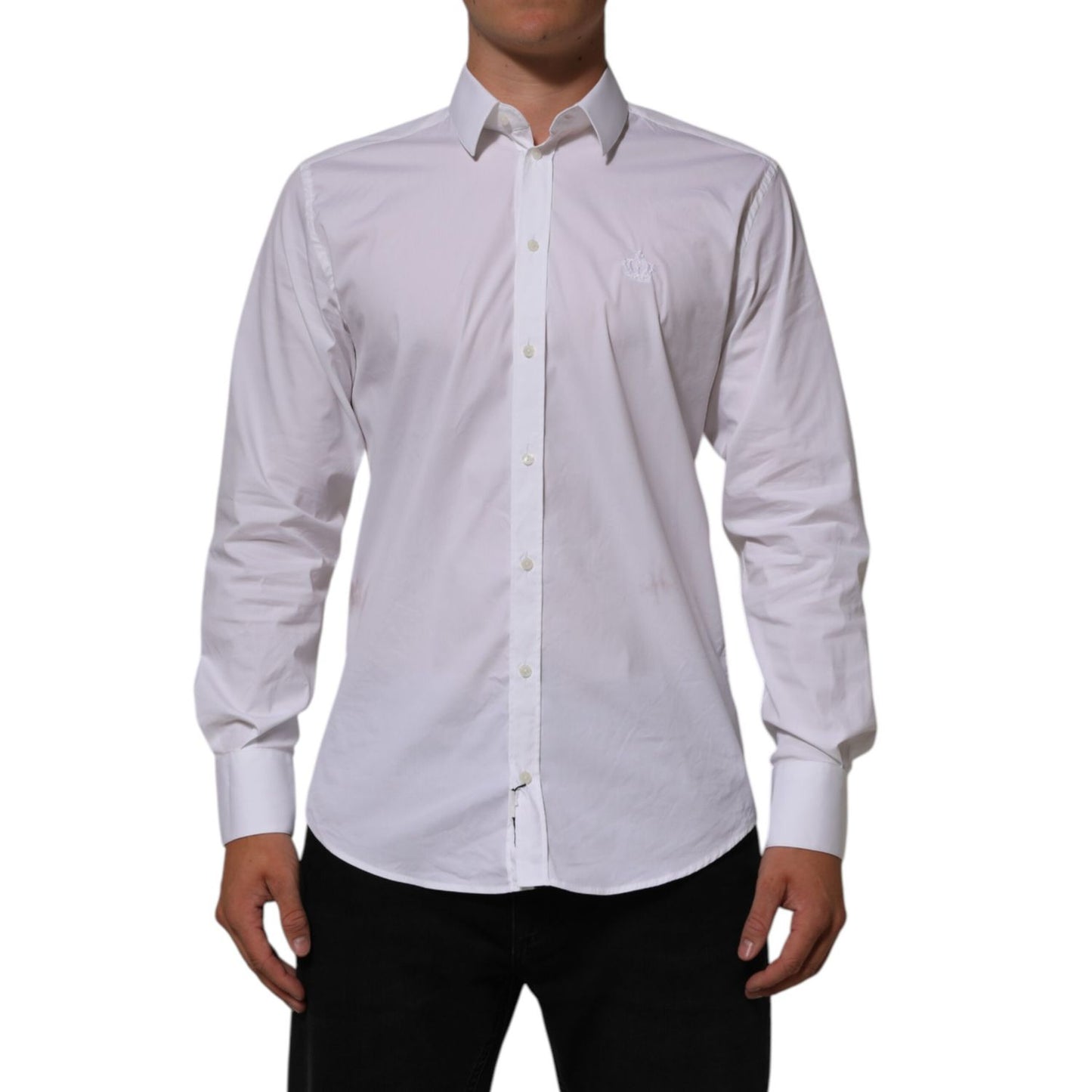 Dolce & Gabbana White Cotton MARTINI Formal Men Dress Shirt with long sleeves and classic collar.