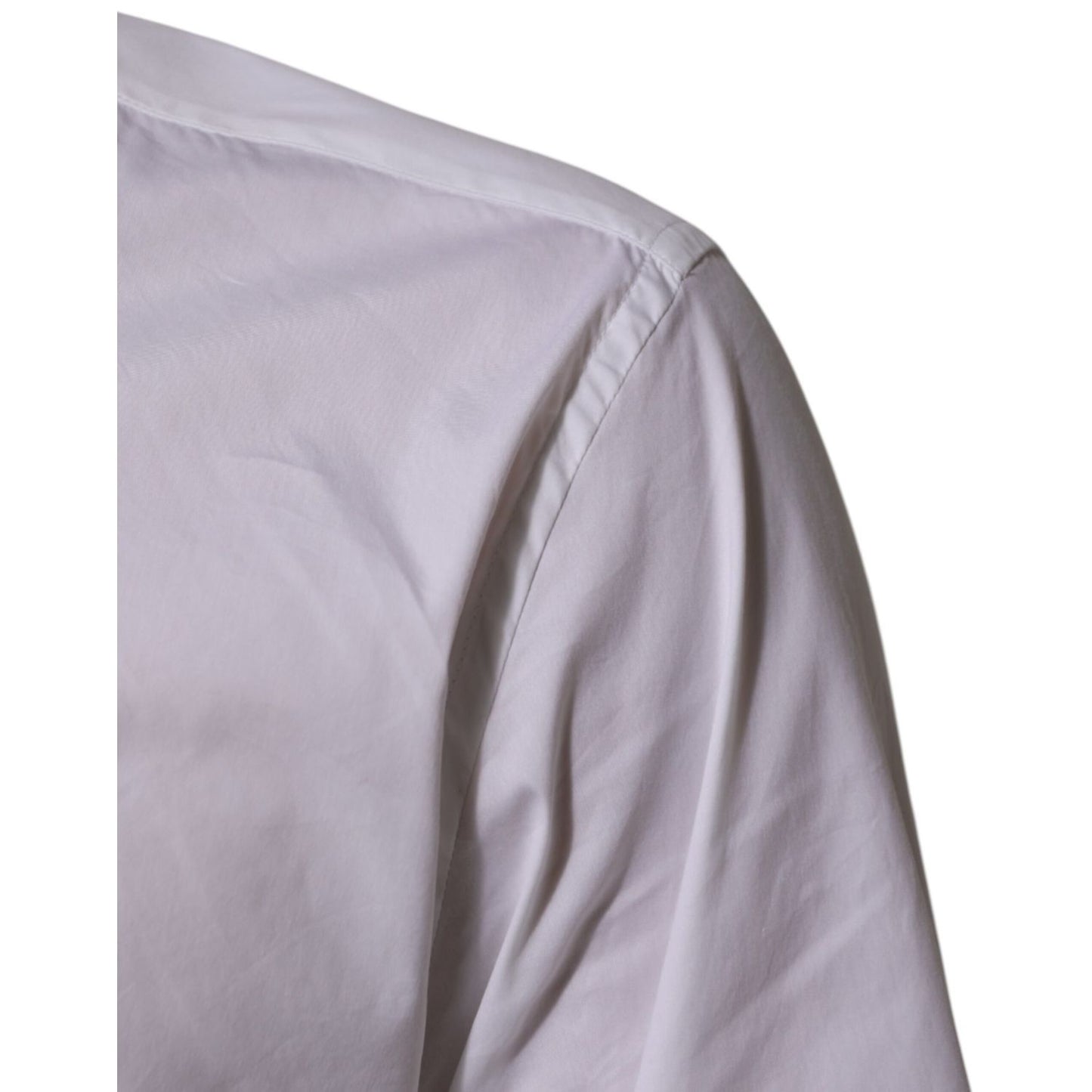 Shoulder detail of Dolce & Gabbana White Cotton MARTINI Formal Men Dress Shirt, showcasing premium fabric and tailored design.
