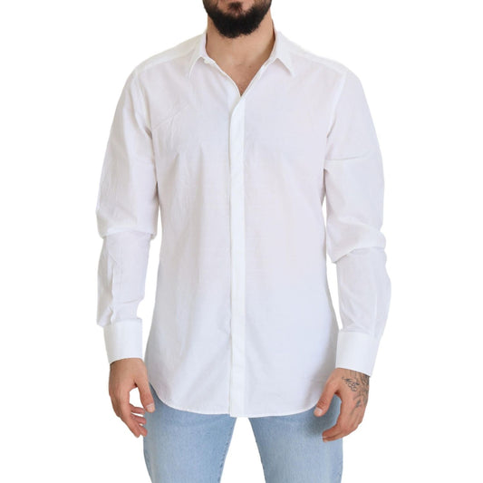 Dolce & Gabbana White Cotton Slim Fit Formal Dress GOLD Shirt on model, full view.
