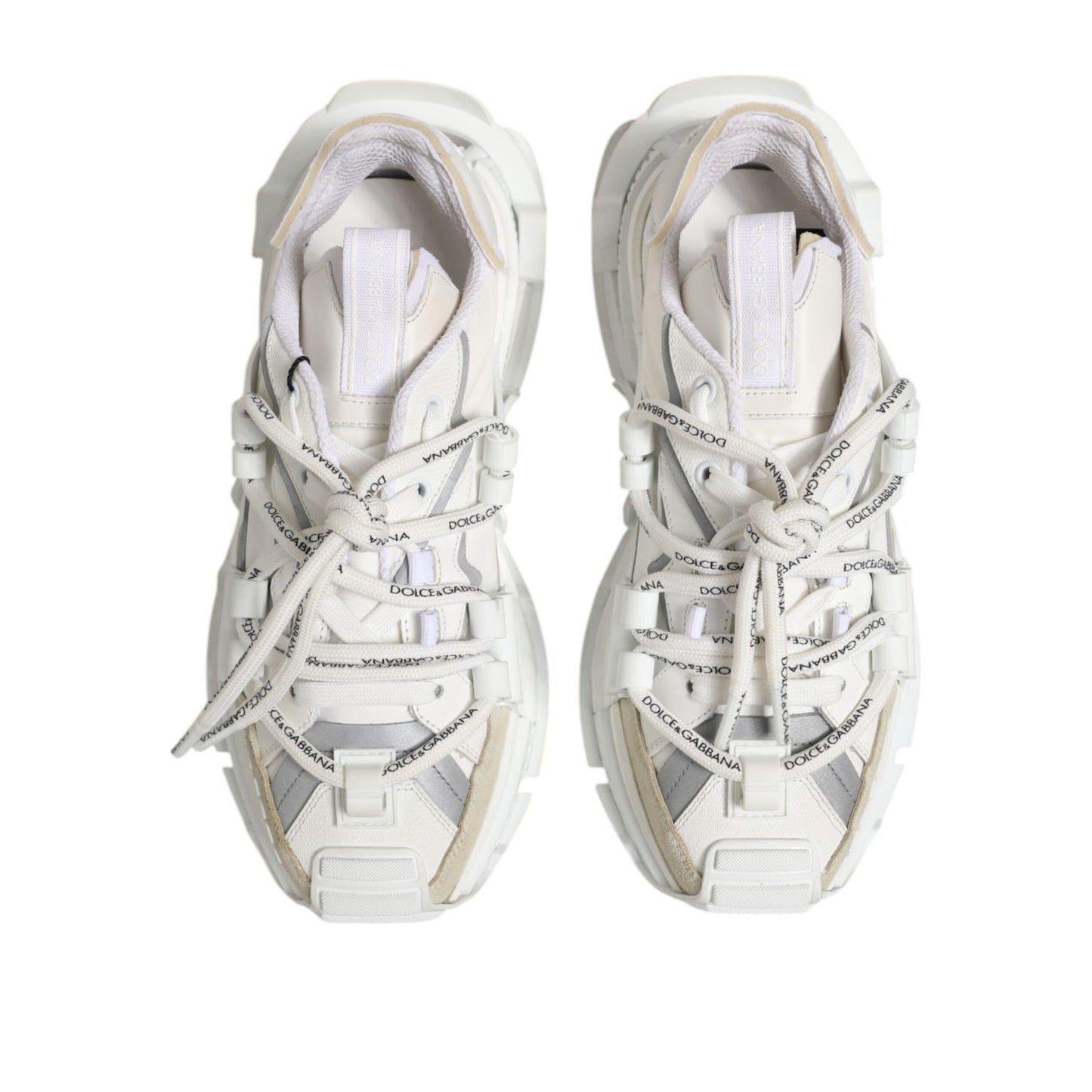 Dolce & Gabbana White Gray Low Top Space Sneakers Shoes made of polyester and lamb leather with rubber sole, lace-up closure, logo details.