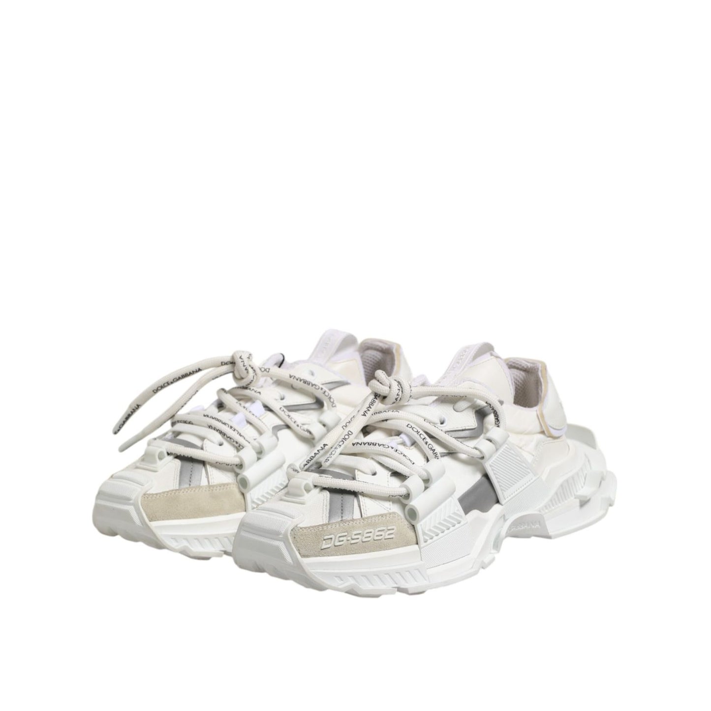 Dolce & Gabbana White Gray Low Top Space Sneakers Shoes with lace-up closure and logo details.