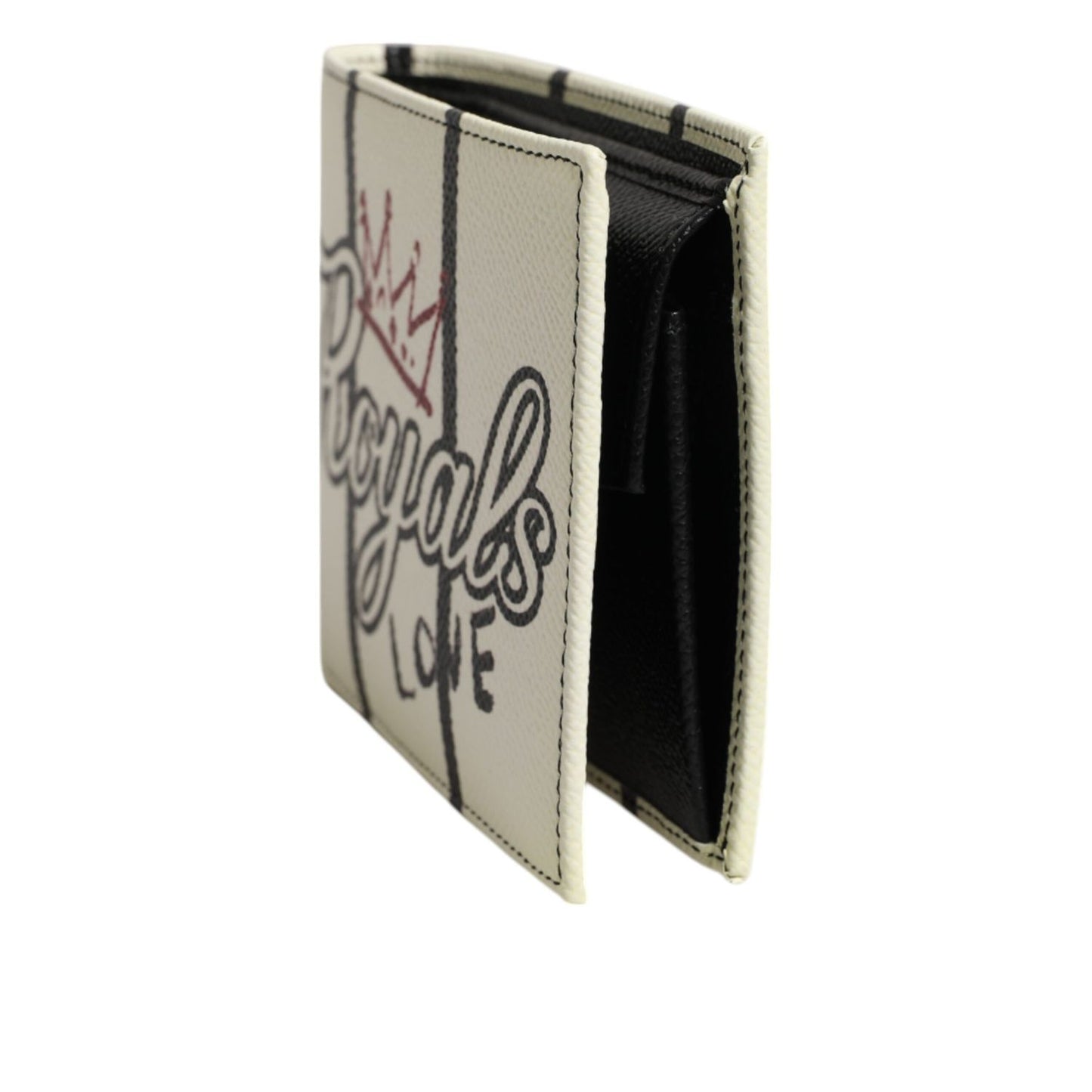 Dolce & Gabbana White Leather DG Crown Royals Bifold Card Holder Wallet with regal graphic print in smooth leather.