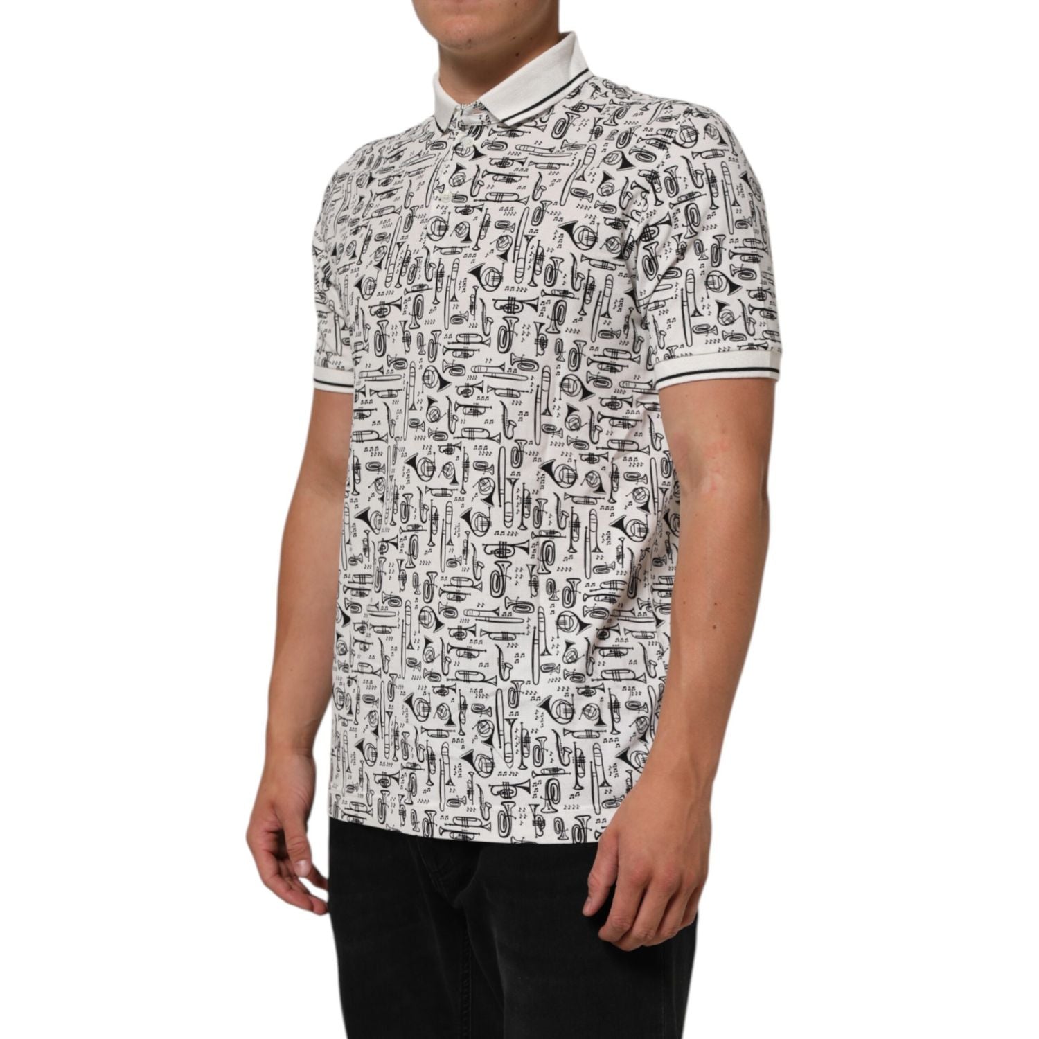 Dolce & Gabbana White Musical Print Collared Polo T-shirt