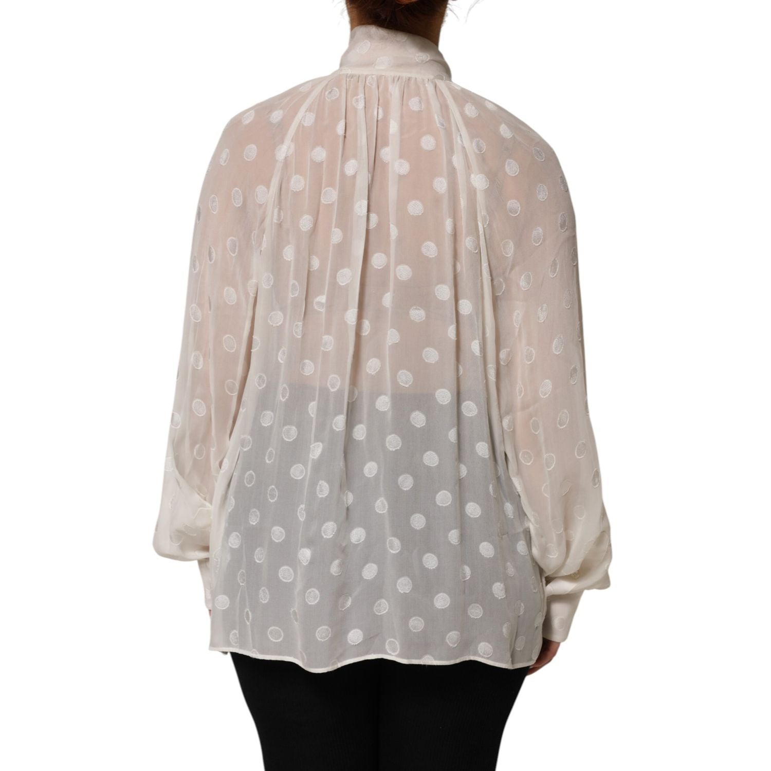 Dolce & Gabbana White Polka Sheer Silk Bow Tie Shirt Blouse Top