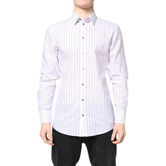 Man wearing Dolce & Gabbana White Stripes Cotton GOLD Formal Dress Shirt, slim fit with classic neck, button closure.