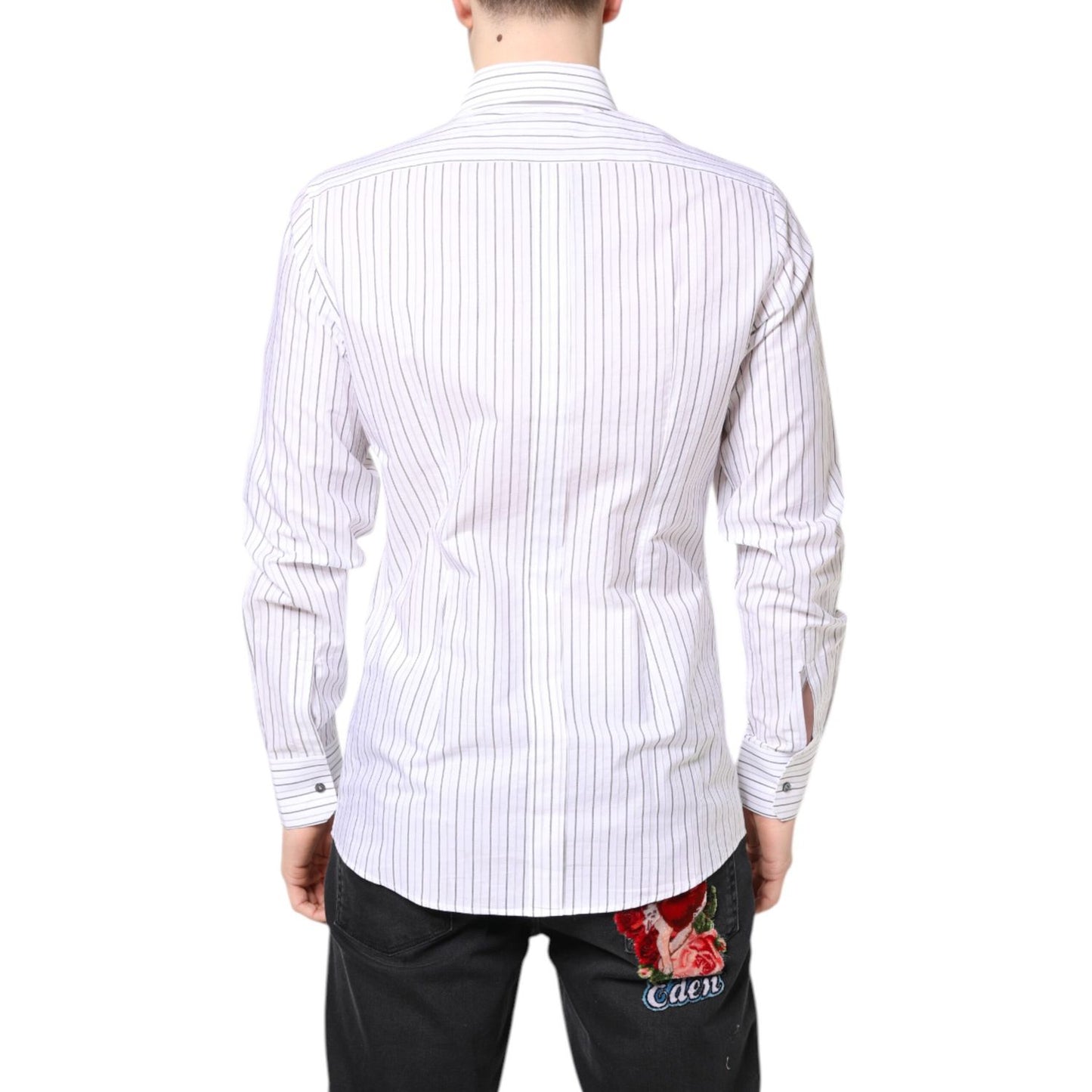 Back view of a Dolce & Gabbana White Stripes Cotton GOLD Formal Dress Shirt with classic neck and button closure.