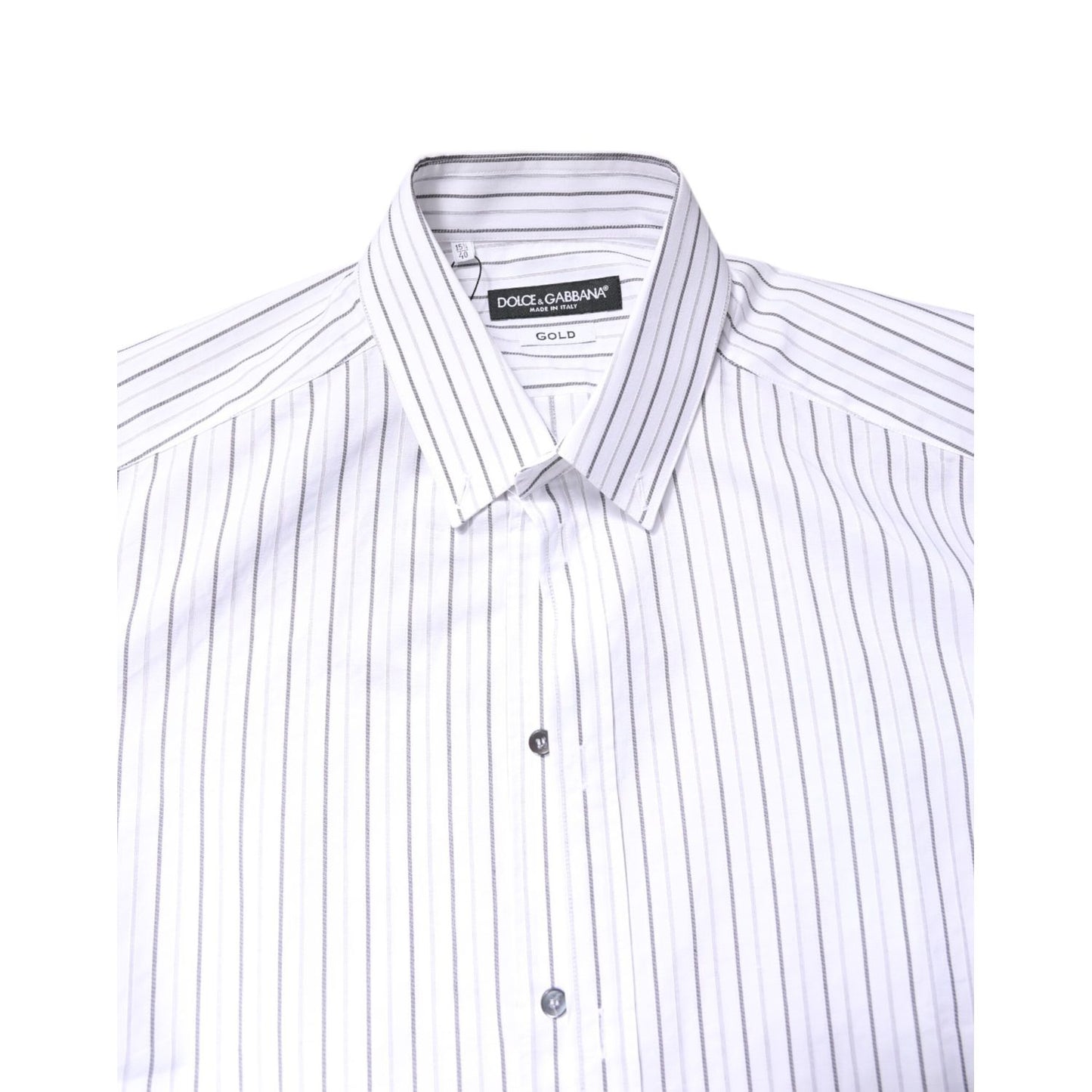 Dolce & Gabbana White Stripes Cotton GOLD Formal Dress Shirt with classic neck and button closure.