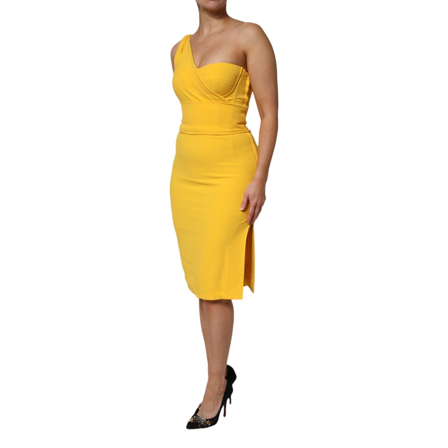 Dolce & Gabbana Yellow One Shoulder Side Slit Sheath Dress