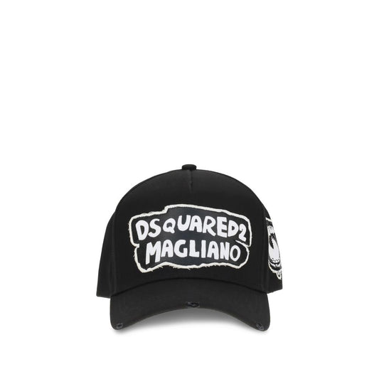 Dsquared² Black Cotton Cap (Baseball Hat) with signature and lettering detail, adjustable fit, urban style by Caten brothers.