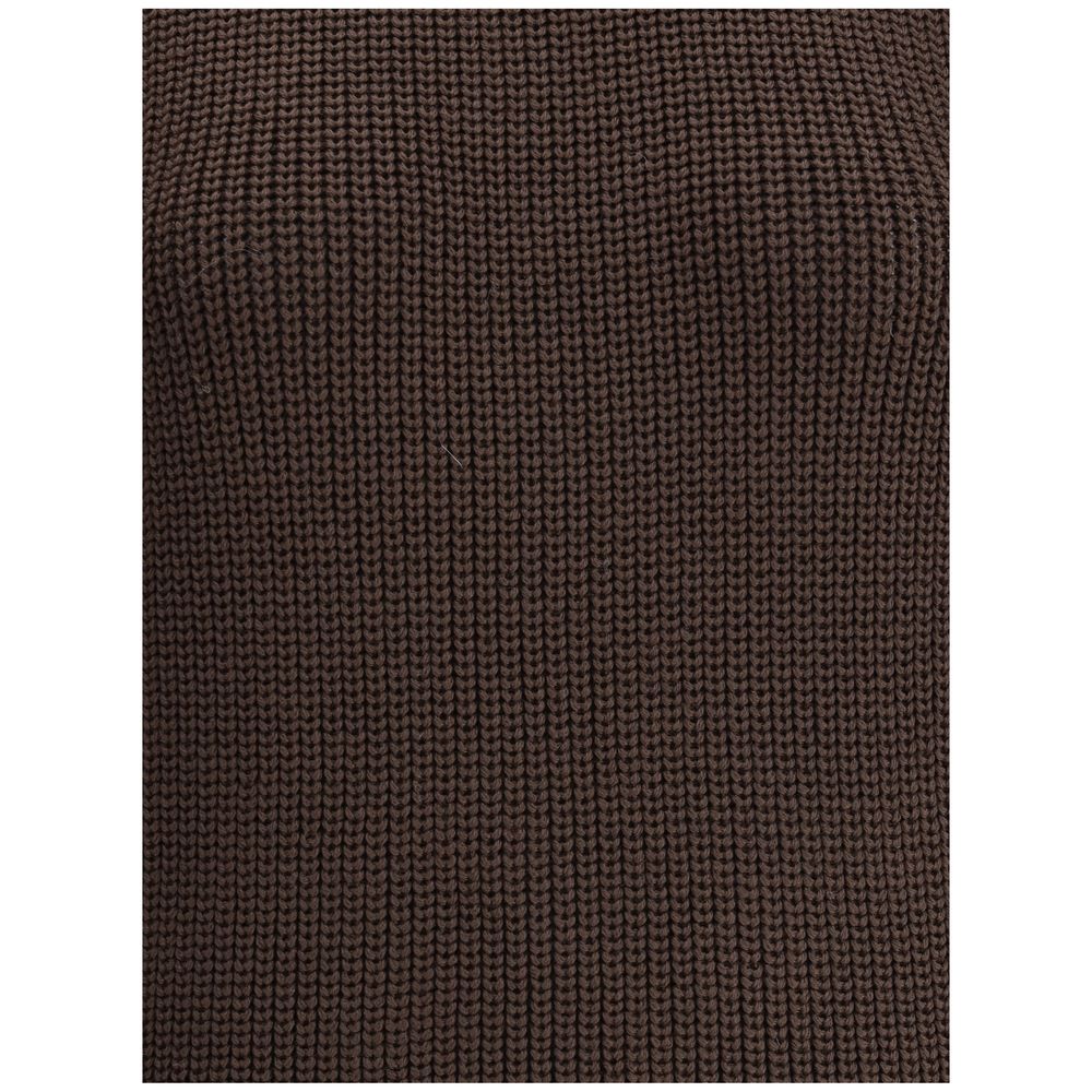 Ella Brown Merino Wool Sweatshirt with chunky knit texture, ribbed crewneck detail, for stylish and comfortable winter wear.