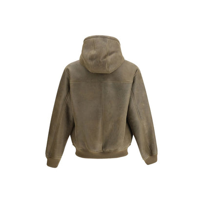 Rear view of Emporio Armani Brown Lamb Ovis Aries Aries Bomber with hood and ribbed cuffs, featuring a smooth leather finish.