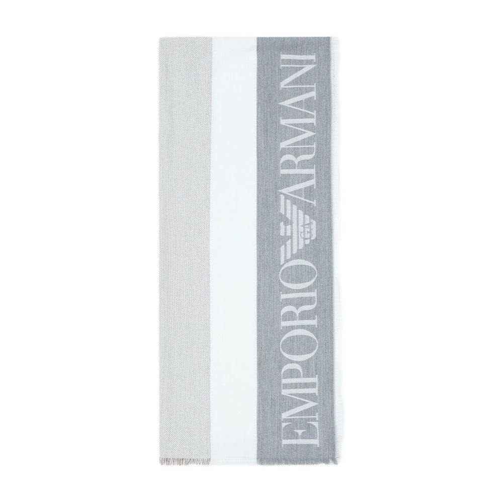 Emporio Armani Stole with multicoloured vertical bands featuring grey logo jacquard and fringed edges.