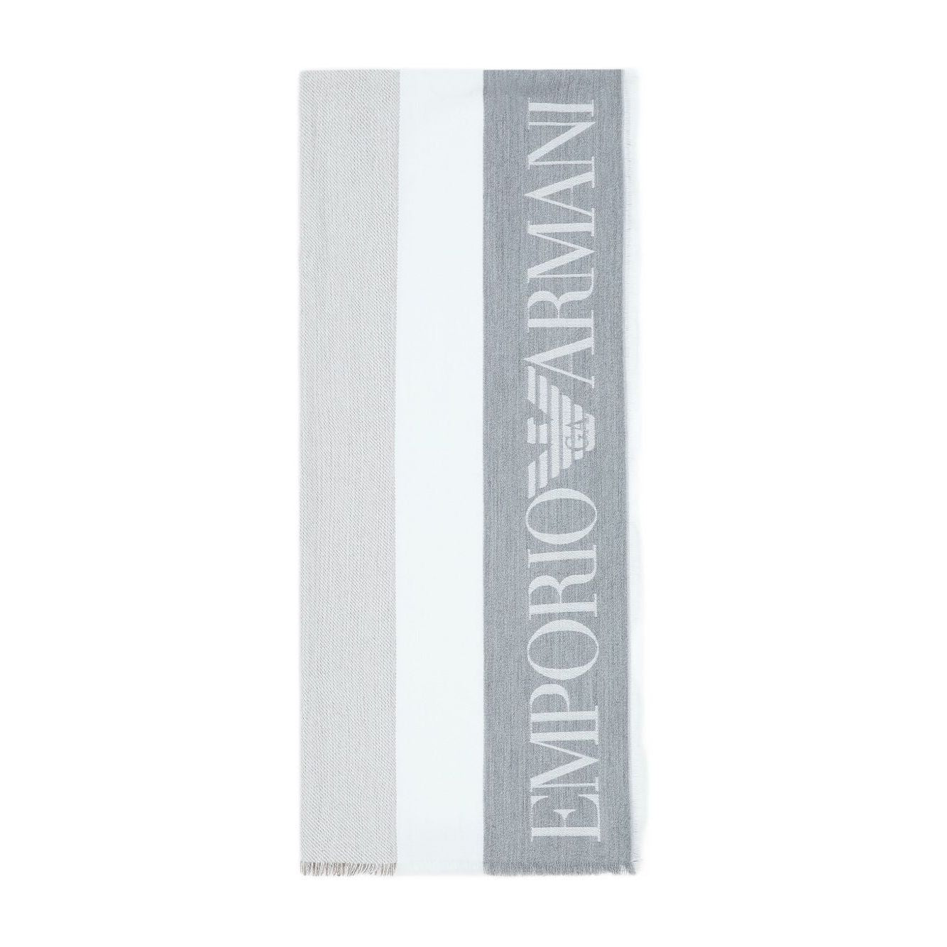 Emporio Armani Stole with multicoloured vertical bands featuring grey logo jacquard and fringed edges.
