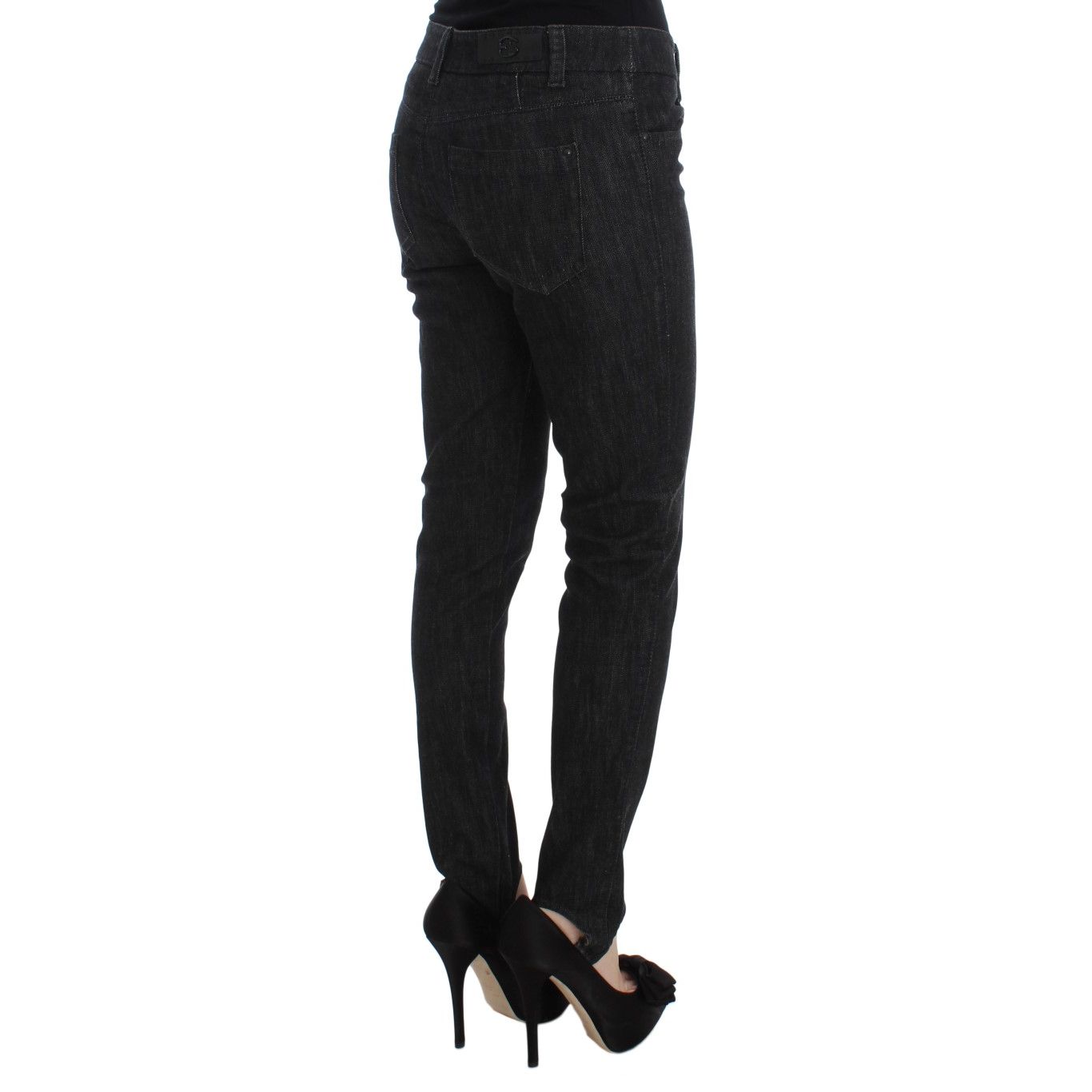 Back view of Ermanno Scervino Blue Cotton Slim Fit Denim Jeans worn with high heels.