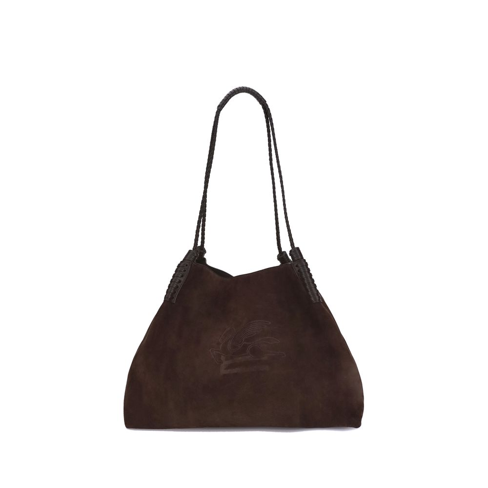 Etro Brown Calf Leather Bos Taurus Shoulder Bag with braided handles and Pegasus logo embroidery