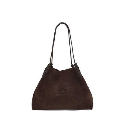 Etro Brown Calf Leather Bos Taurus Shoulder Bag with braided handles and Pegasus logo embroidery