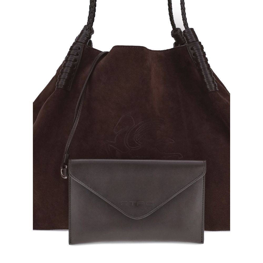 Etro Brown Calf Leather Bos Taurus Shoulder Bag with suede finish, featuring braided handles, Pegasus logo, and matching pouch.
