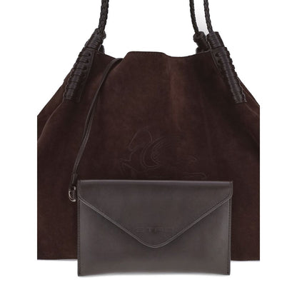 Etro Brown Calf Leather Bos Taurus Shoulder Bag with suede finish, featuring braided handles, Pegasus logo, and matching pouch.
