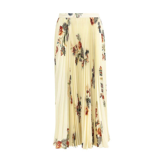 Etro Yellow Polyester Midi Skirt with pleated design and floral print, high-waisted with zip closure, AW25 collection.