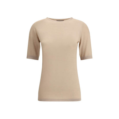 Fabiana Filippi Beige Cashmere T-Shirt with ribbed crew neck, luxury autumn-winter fashion made from 70% cashmere, 30% silk.