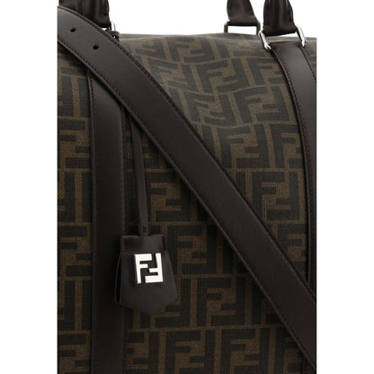 Fendi Brown Canvas Luggage And Travel with FF monogram pattern and leather strap, luxury Boston travel bag for seasonal fashion.