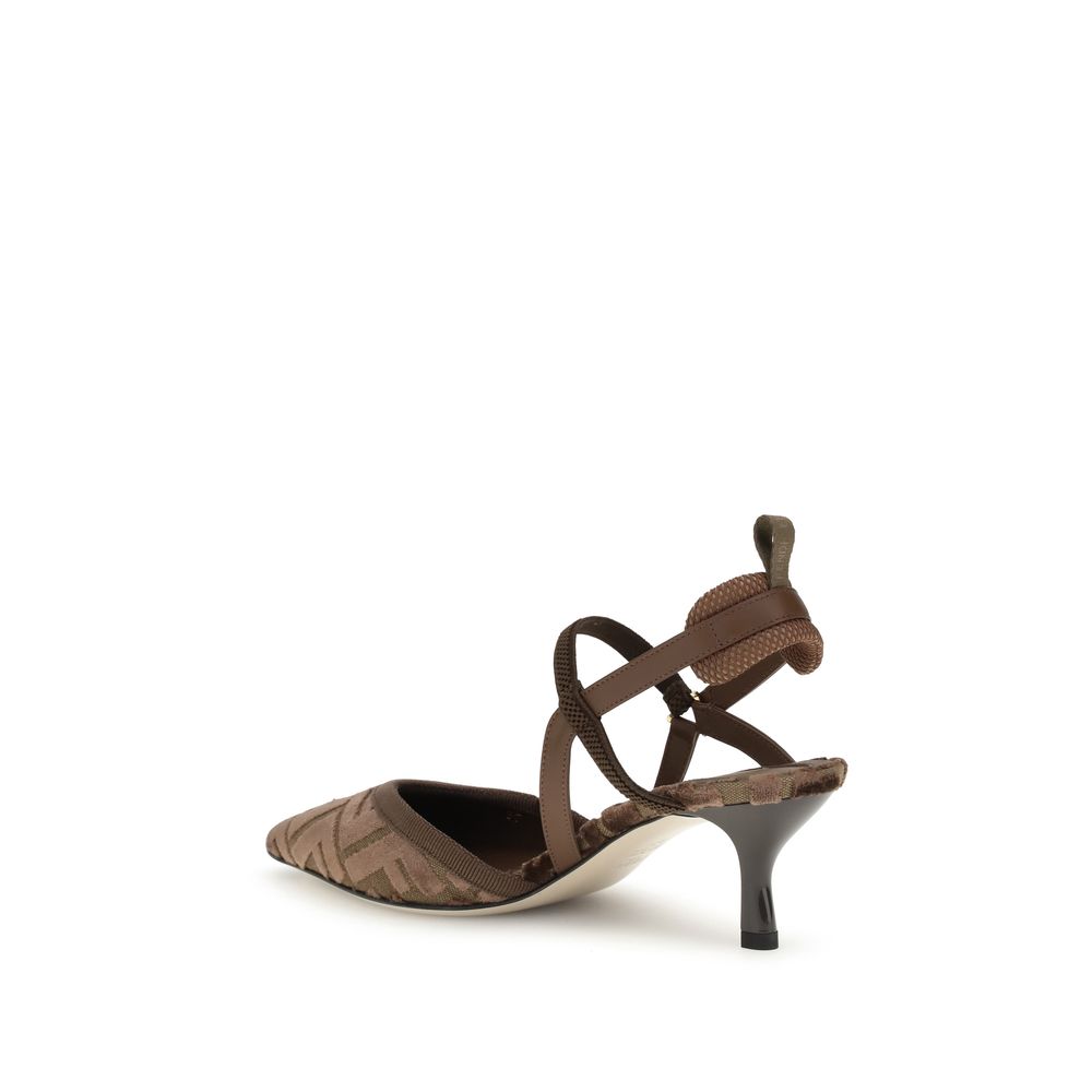 Fendi Brown Fabric Mid Heel Pumps with FF monogram, sleek almond toe, and slingback elasticized straps, rear view.