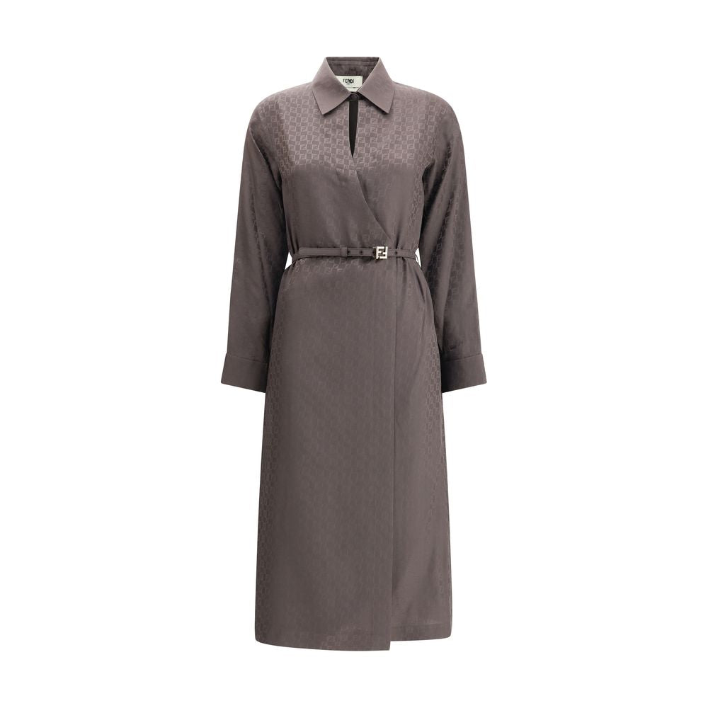 Fendi Brown Silk Casual Dress with jacquard pattern, shirt collar, and asymmetrical closure, showcasing elegance and iconic FF details.