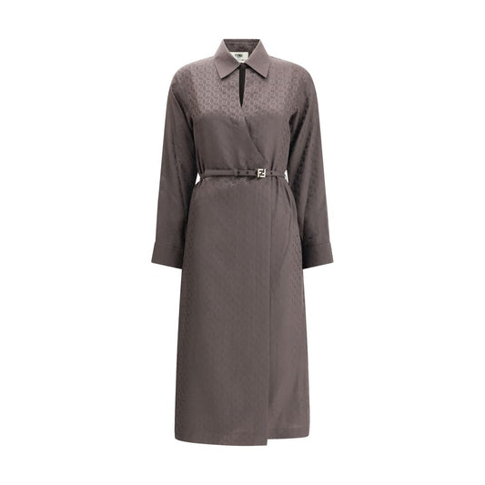 Fendi Brown Silk Casual Dress with jacquard pattern, shirt collar, and asymmetrical closure, showcasing elegance and iconic FF details.
