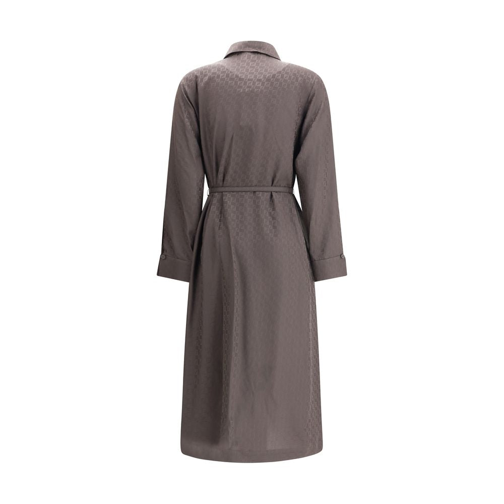 Back view of Fendi Brown Silk Casual Dress with a jacquard check pattern, featuring shirt-style collar and cuffs.