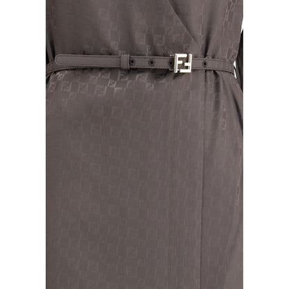 Close-up of Fendi Brown Silk Casual Dress featuring FF check pattern and belt detail.