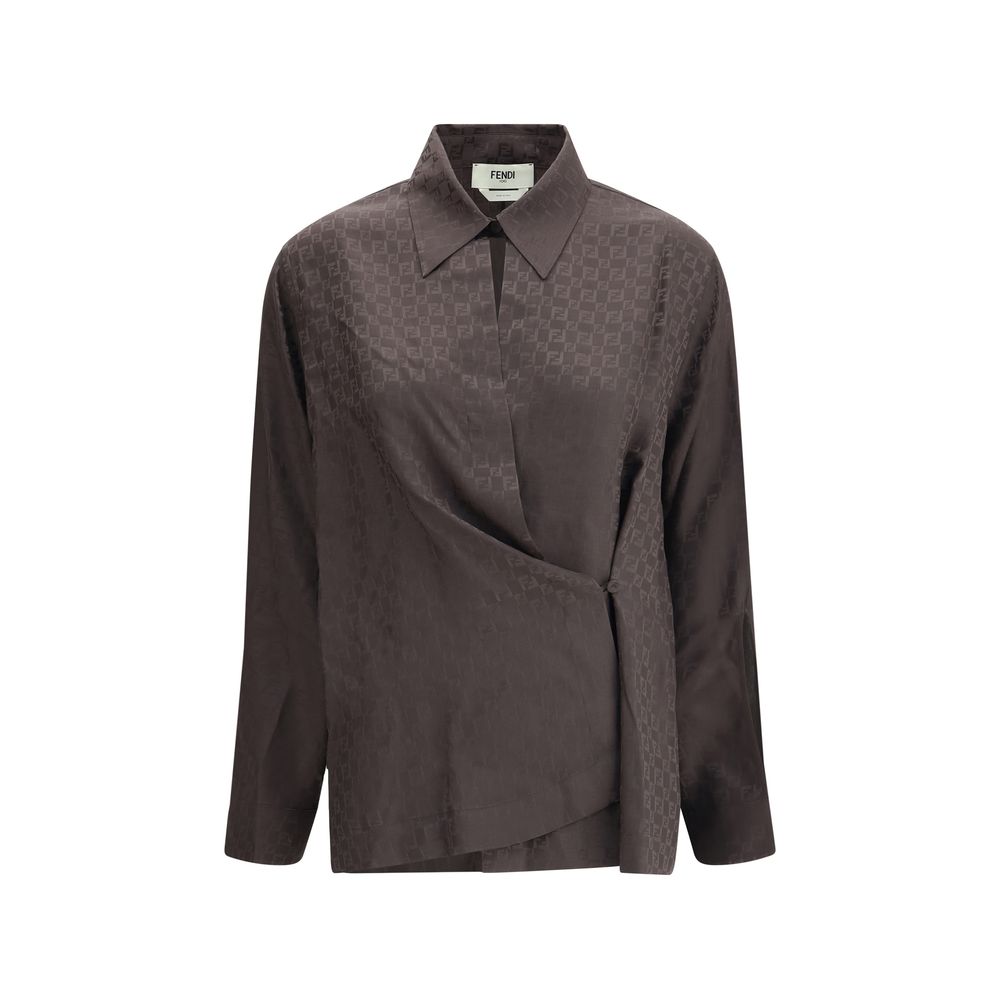 Fendi Brown Silk Dress Shirt with jacquard texture and FF motif, featuring short point collar and wrap-around closure.