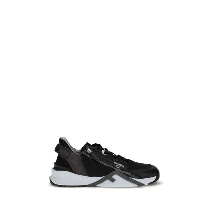 Fendi Gray Calf Leather Bos Taurus Athletic Sneakers with black nylon and leather details, featuring a unique wavy rubber sole design.