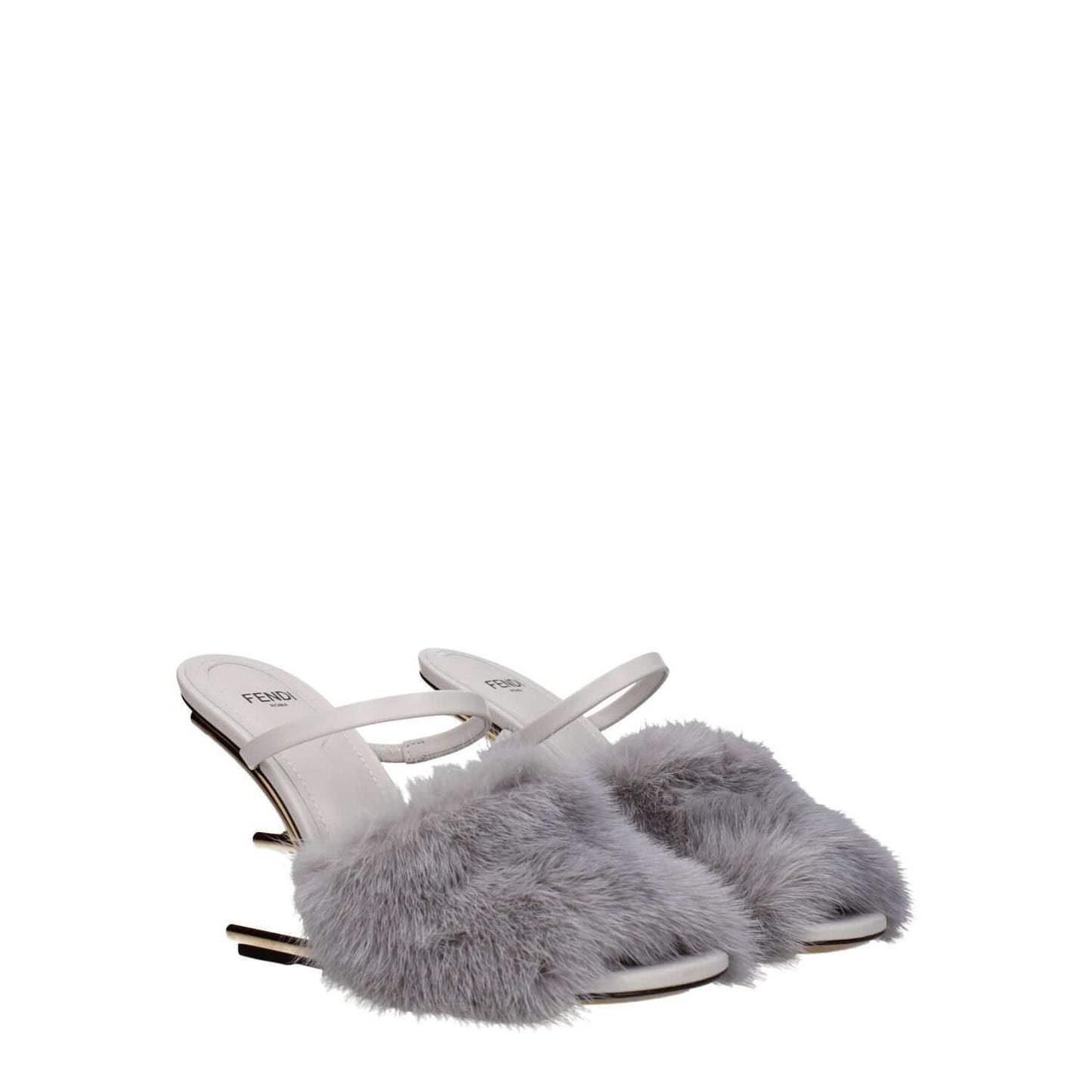 Fendi Gray Mink Slippers with leather sole and high heel, showcasing an open toe design and side logo detail in light grey.