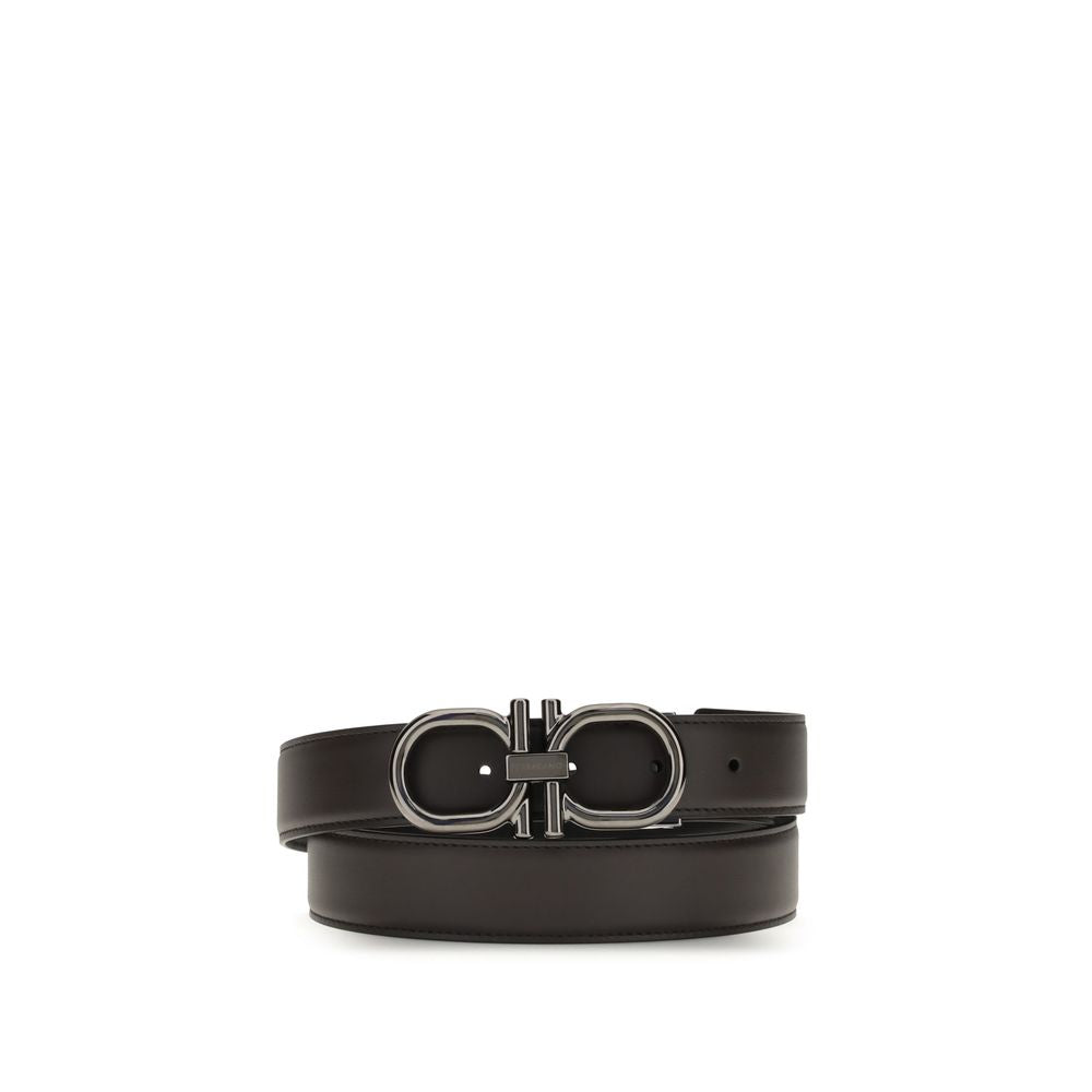 Ferragamo Brown Calf Leather Bos Taurus Regular Belt with double Gancini buckle.