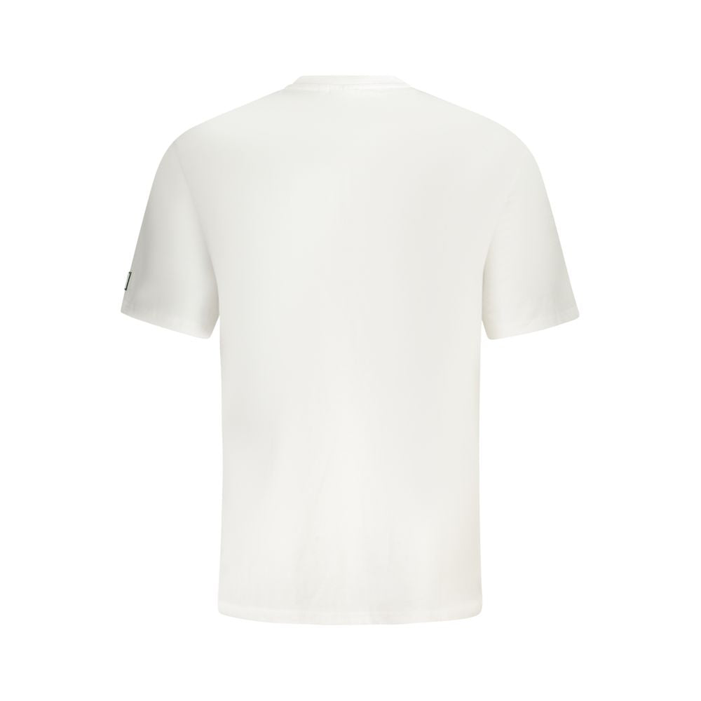 Back view of Fila White Cotton Men T-Shirt with green logo, crafted from 100% cotton for comfort and breathability, loose fit design.