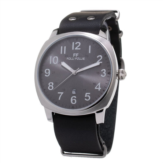 Folli Follie Black Leather Dress Watch with silver stainless steel case, analog display, black dial, and leather strap.
