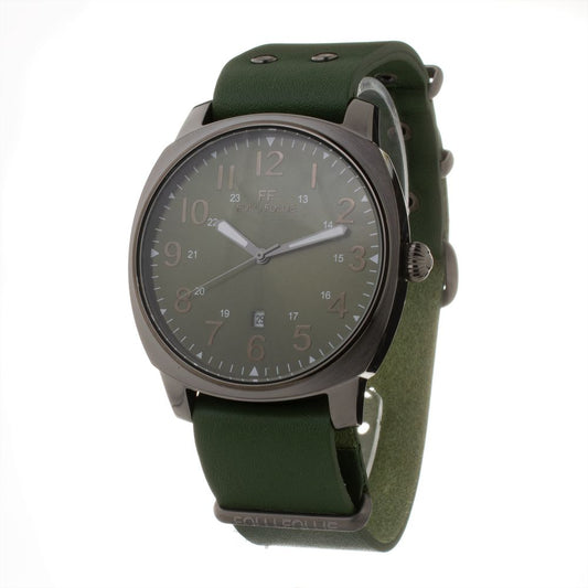 Folli Follie Green Leather Dress Watch with stainless steel case, analog display, and mineral glass, featuring a green leather strap.