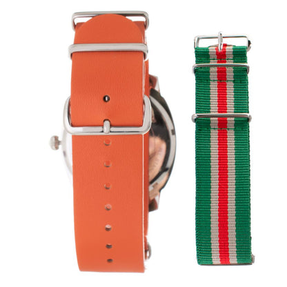 Back view of Folli Follie Orange Leather Dress Watch with additional striped green and red strap.