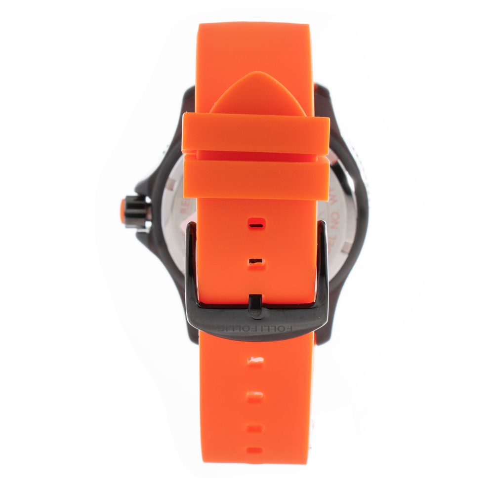 Folli Follie Orange Plastic Sport Watch featuring a stainless steel case, black dial, and orange plastic bracelet with buckle closure.