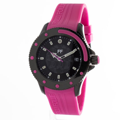 Folli Follie Purple Plastic Sport Watch with black stainless steel case, violet plastic bracelet, and analog display.